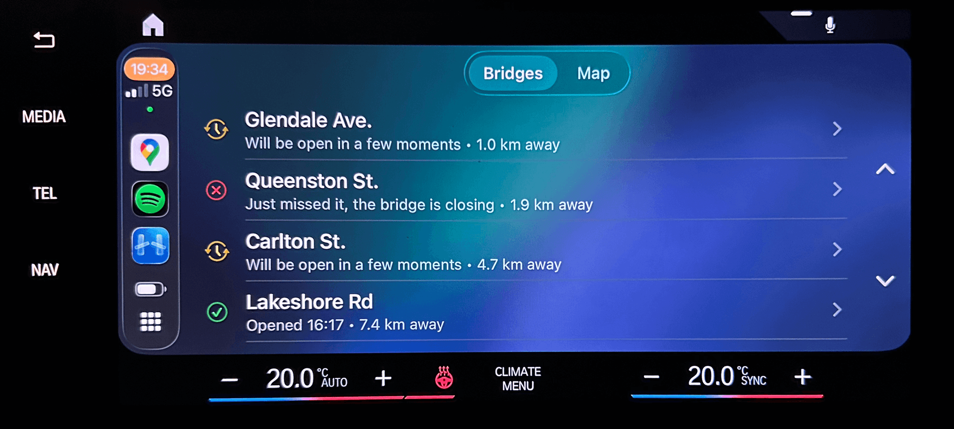 Bridge Up CarPlay list view