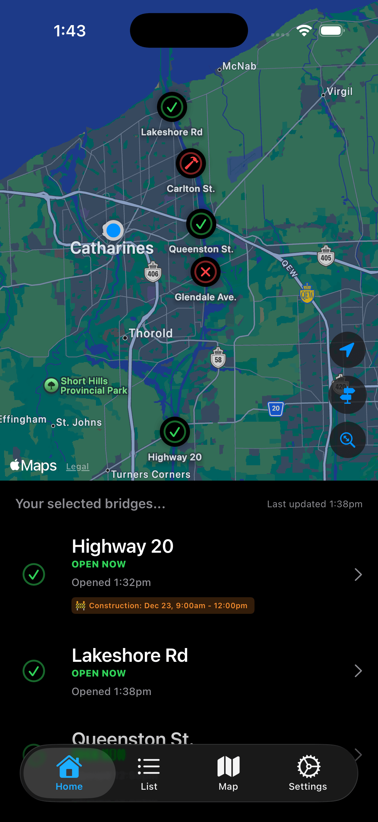 Bridge Up app showing real-time bridge status